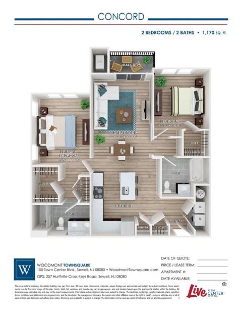 Floor plan for 2 beds, 2 baths, 1170 sqft